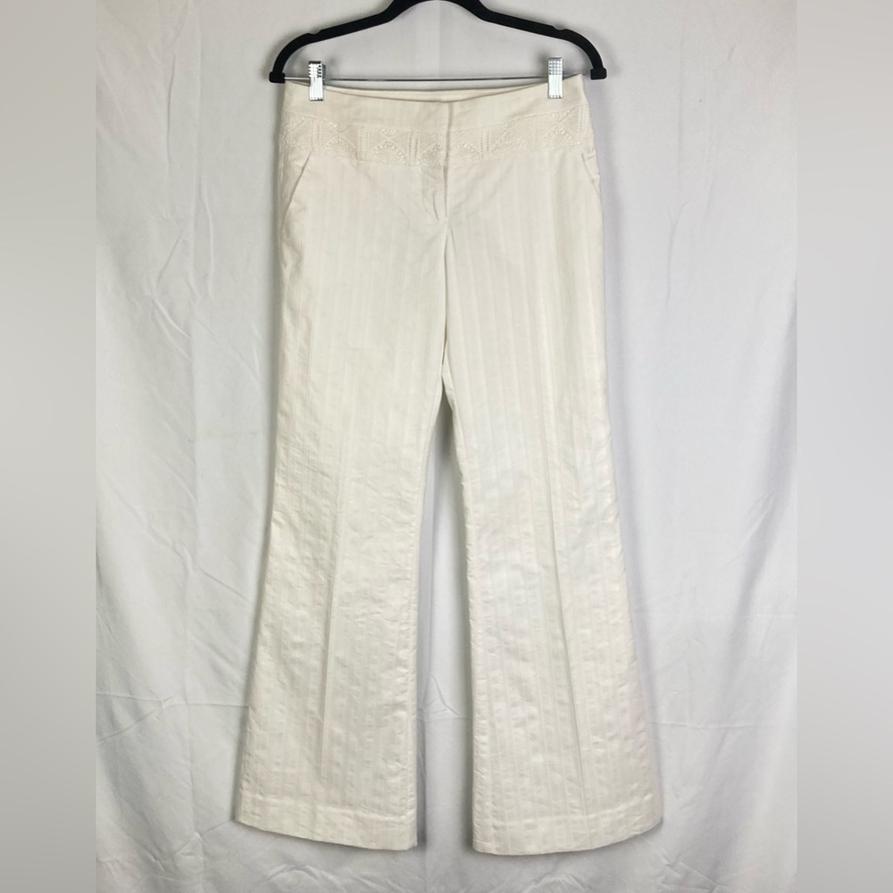 BEBE Flare Pants 6 Ivory White Modern Sophisticated Stripe EUC